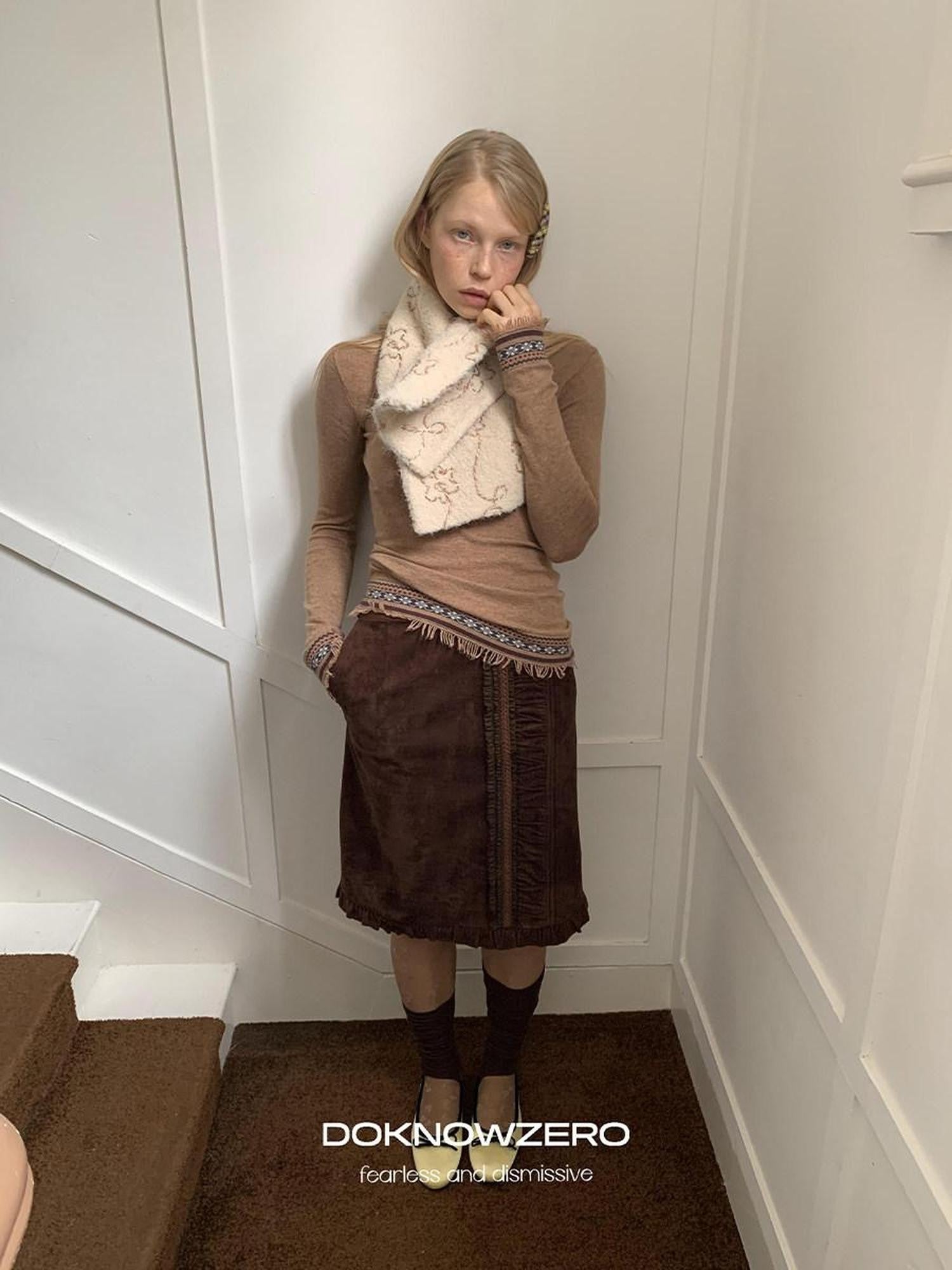 DKZ OFFICIAL Coffee Suede Lace Patchwork Dimensional H Line Women&