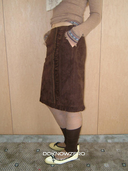 DKZ OFFICIAL Coffee Suede Lace Patchwork Dimensional H Line Women&