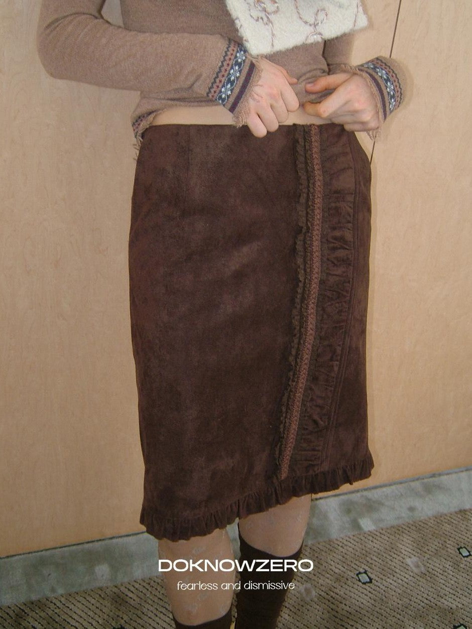 DKZ OFFICIAL Coffee Suede Lace Patchwork Dimensional H Line Women&