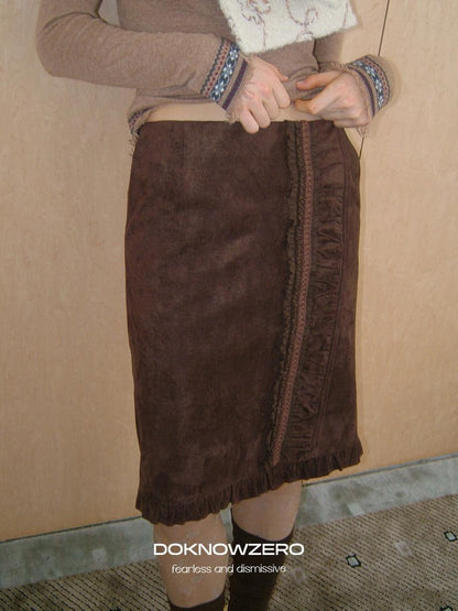 DKZ OFFICIAL Coffee Suede Lace Patchwork Dimensional H Line Women&