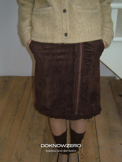 DKZ OFFICIAL Coffee Suede Lace Patchwork Dimensional H Line Women&