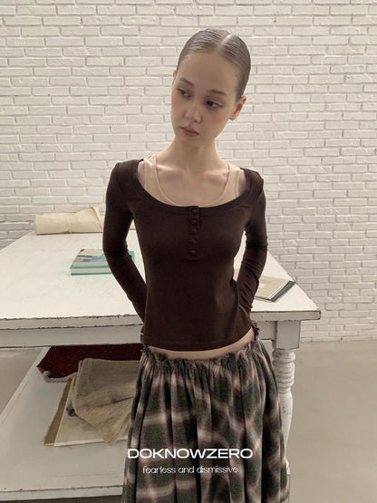DKZ OFFICIAL Color Block Patchwork Fake Two Piece U Neck Women&