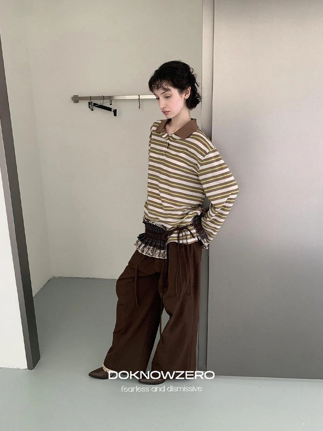 DKZ OFFICIAL Color Block Stripe Polo Collar Long Sleeve T-Shirt