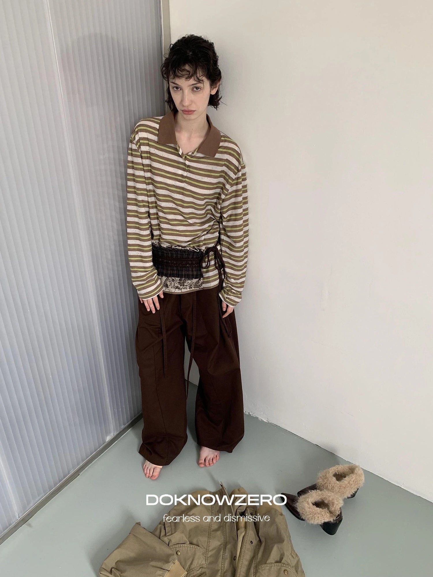 DKZ OFFICIAL Color Block Stripe Polo Collar Long Sleeve T-Shirt