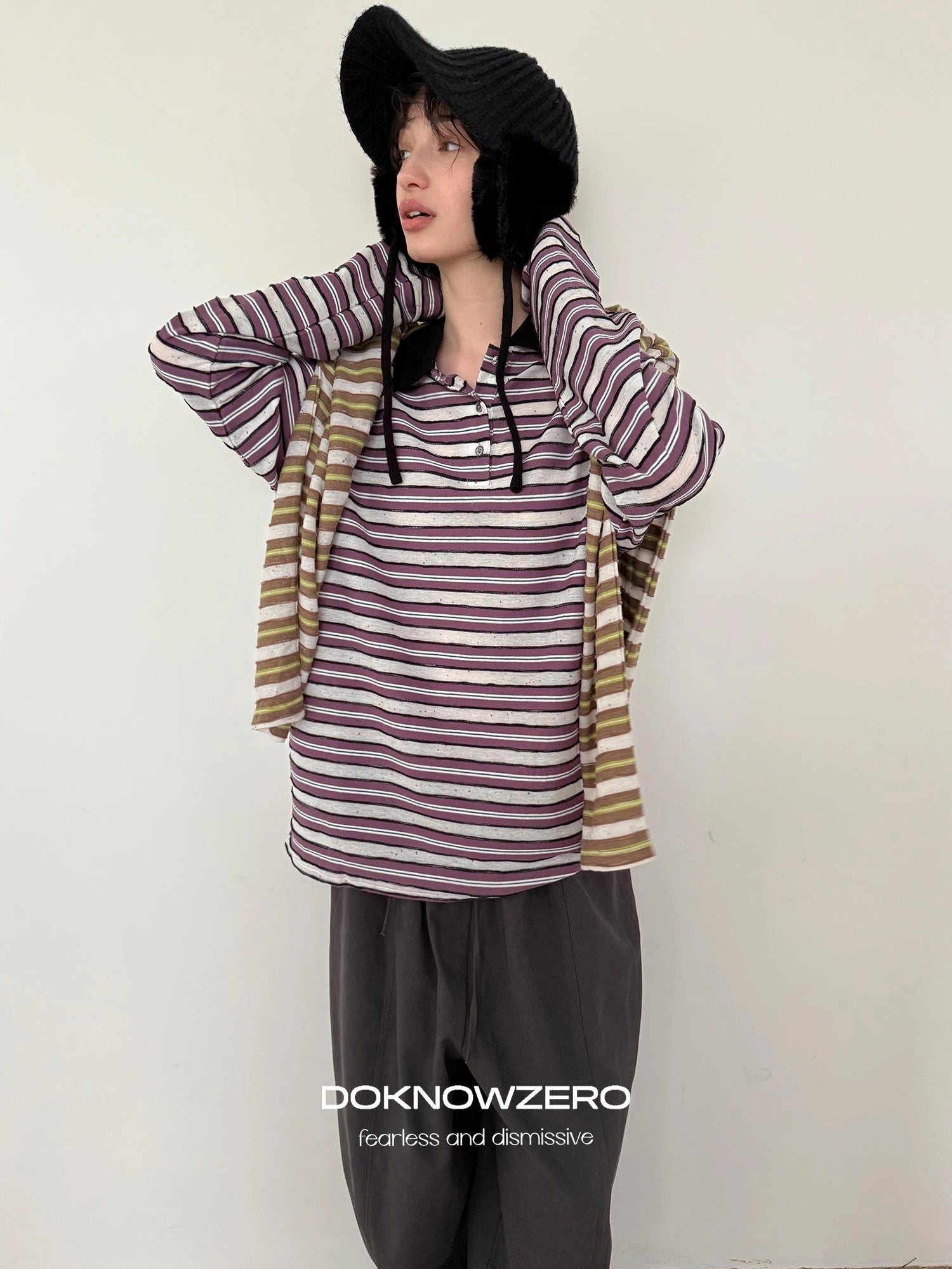 DKZ OFFICIAL Color Block Stripe Polo Collar Long Sleeve T-Shirt