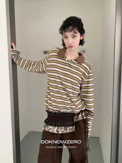 DKZ OFFICIAL Color Block Stripe Polo Collar Long Sleeve T-Shirt