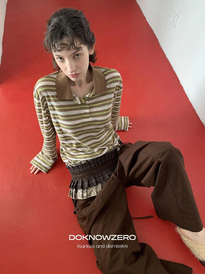 DKZ OFFICIAL Color Block Stripe Polo Collar Long Sleeve T-Shirt