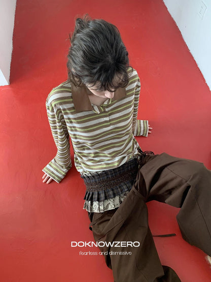 DKZ OFFICIAL Color Block Stripe Polo Collar Long Sleeve T-Shirt