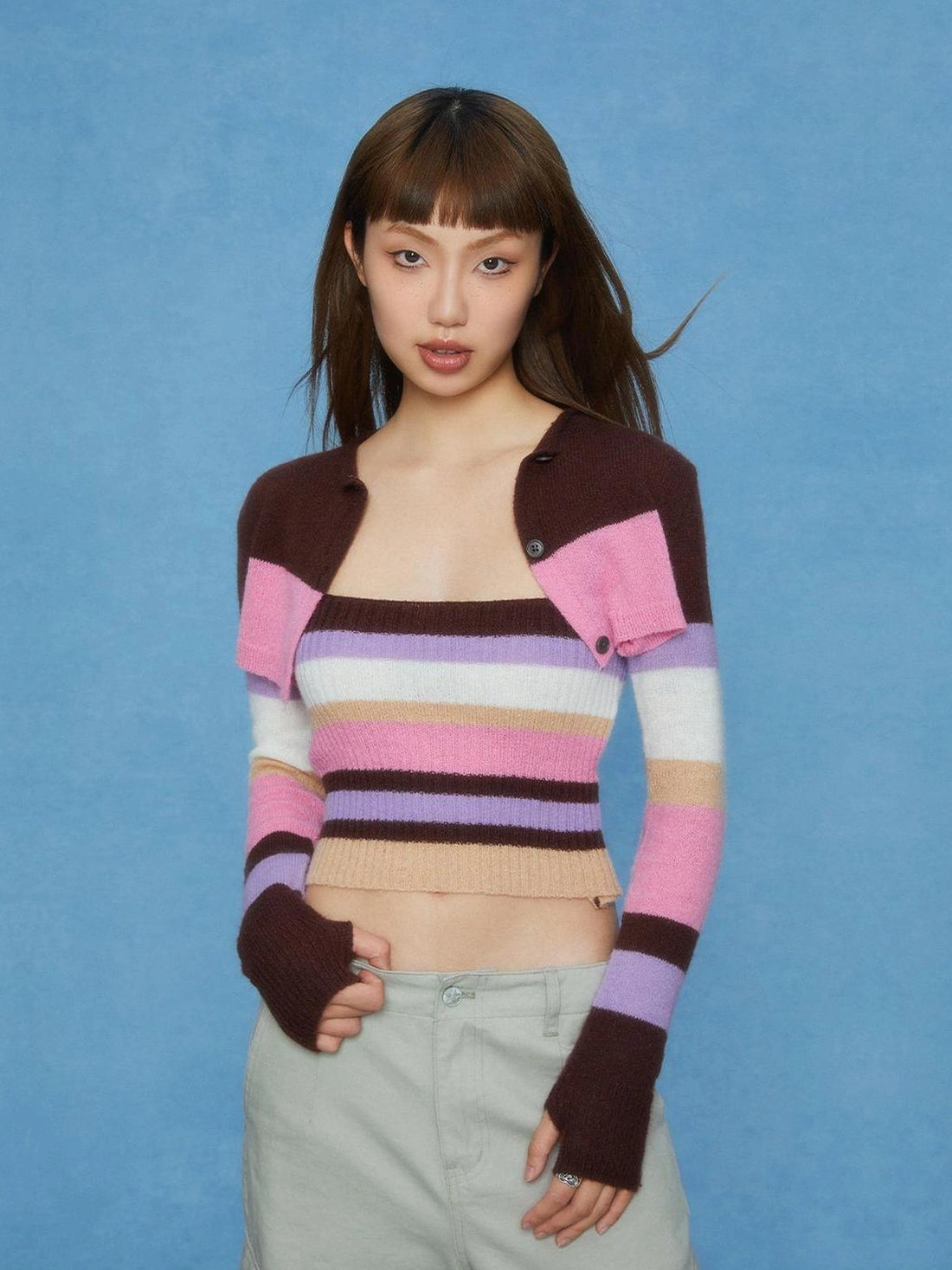 DKZ OFFICIAL Color Stripe Knit Vest With Draped Cardigan Set