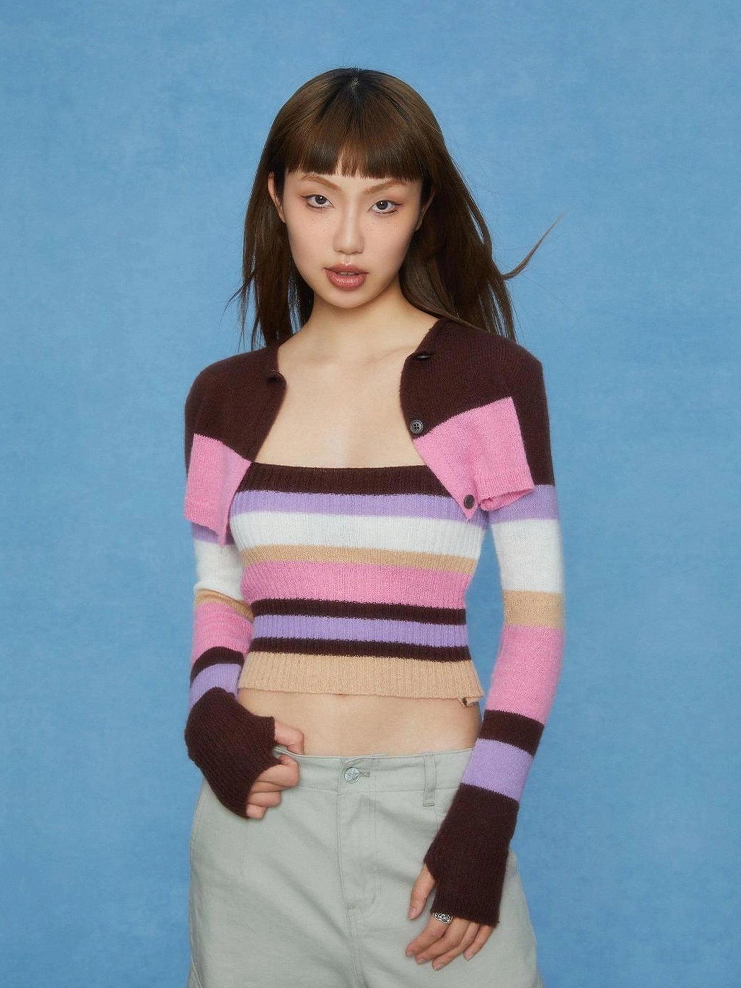 DKZ OFFICIAL Color Stripe Knit Vest With Draped Cardigan Set