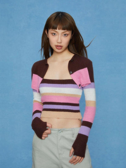 DKZ OFFICIAL Color Stripe Knit Vest With Draped Cardigan Set