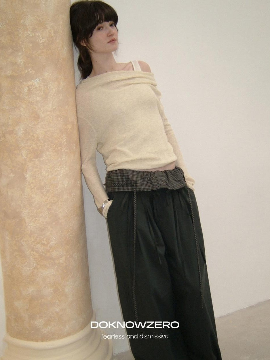 DKZ OFFICIAL Colorblock Faux Layered Drape Neck Women&