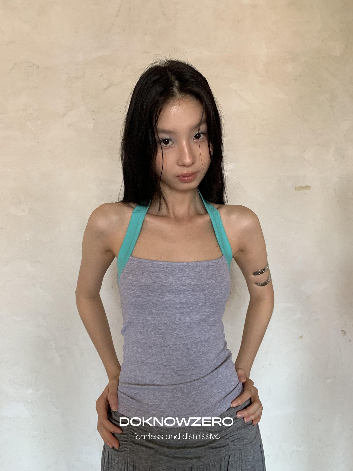 DKZ OFFICIAL Colorblock Halter Webbing Strap Square Neck Slim Women&