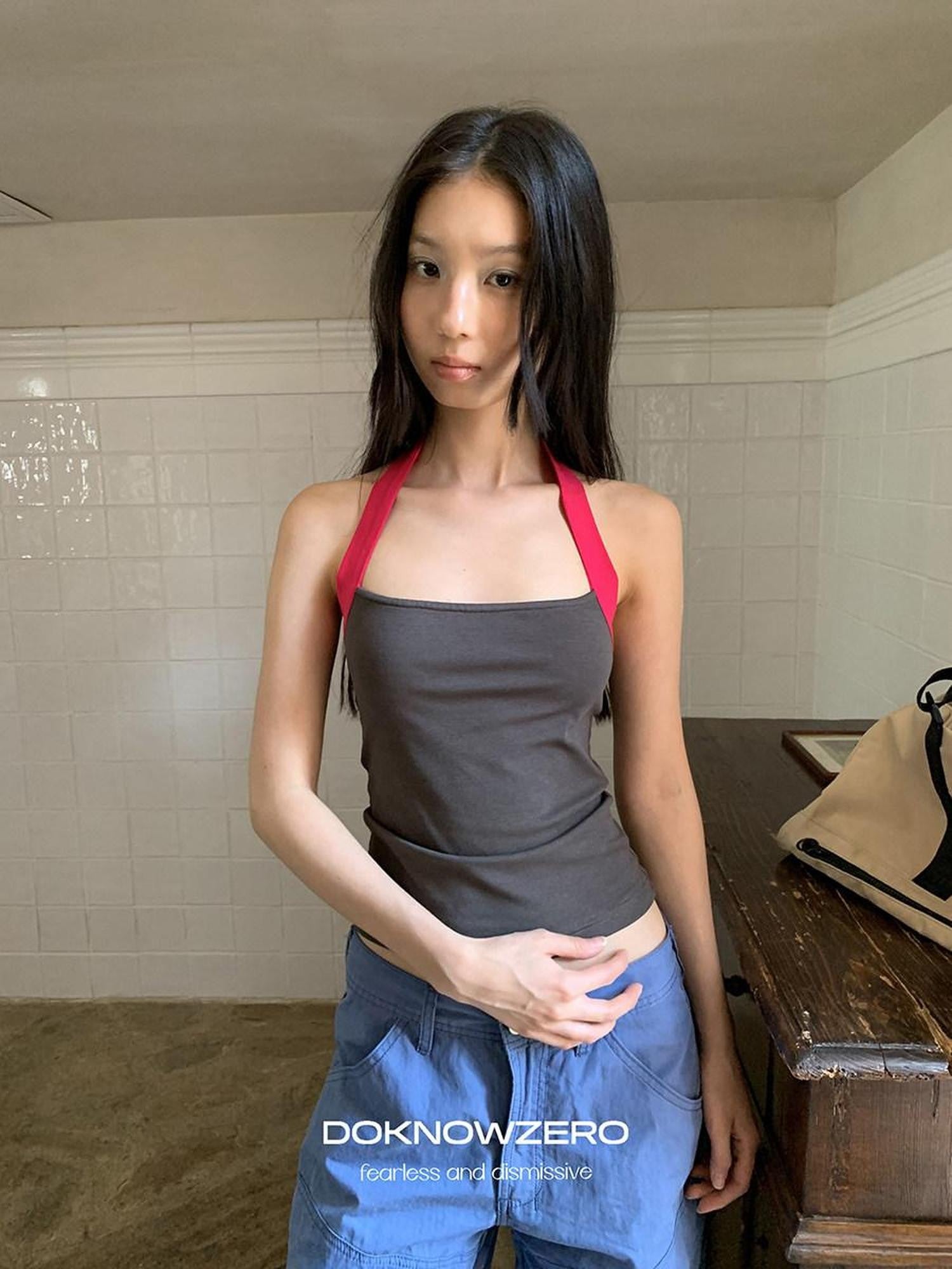 DKZ OFFICIAL Colorblock Halter Webbing Strap Square Neck Slim Women&