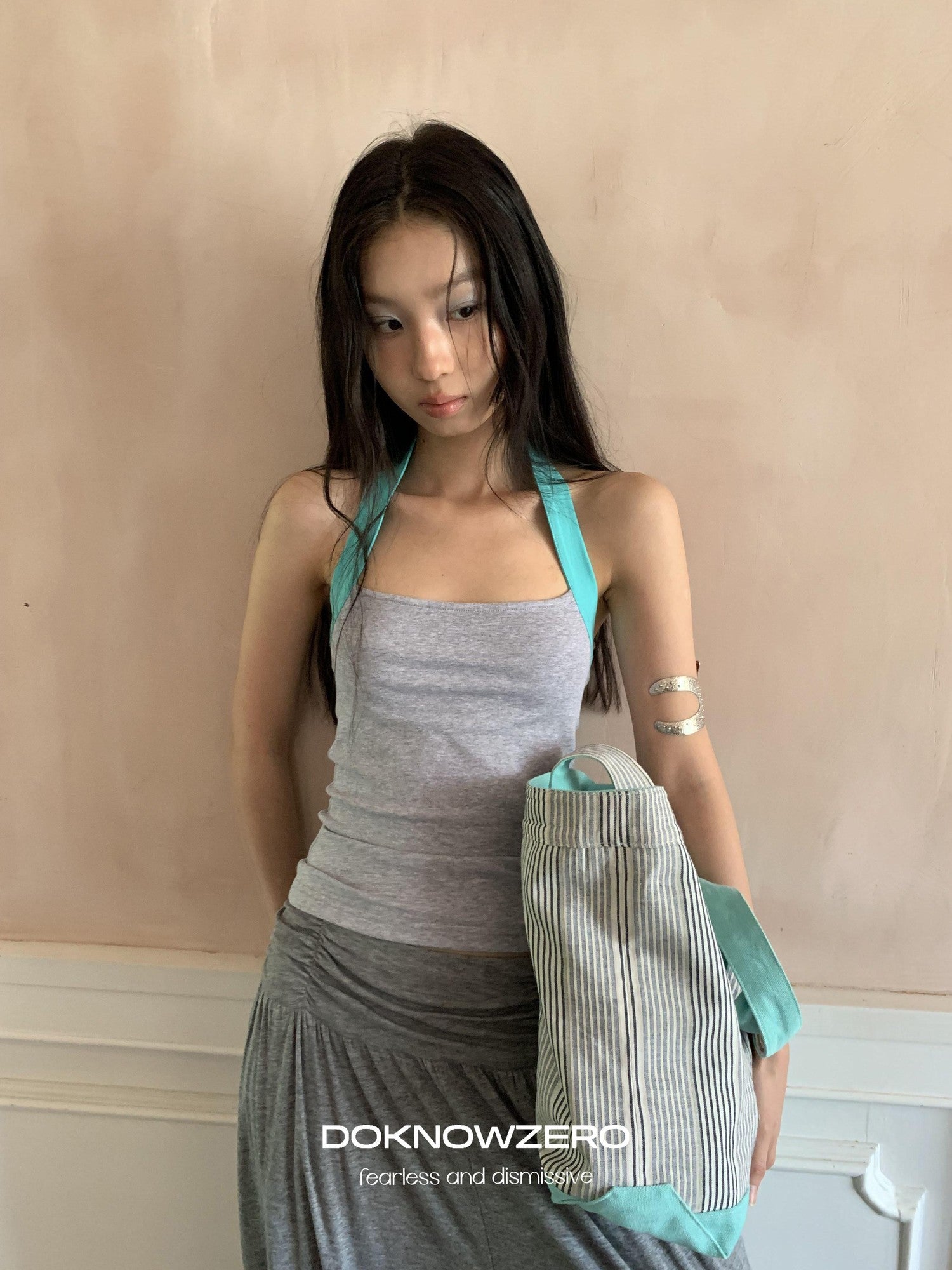 DKZ OFFICIAL Colorblock Halter Webbing Strap Square Neck Slim Women&