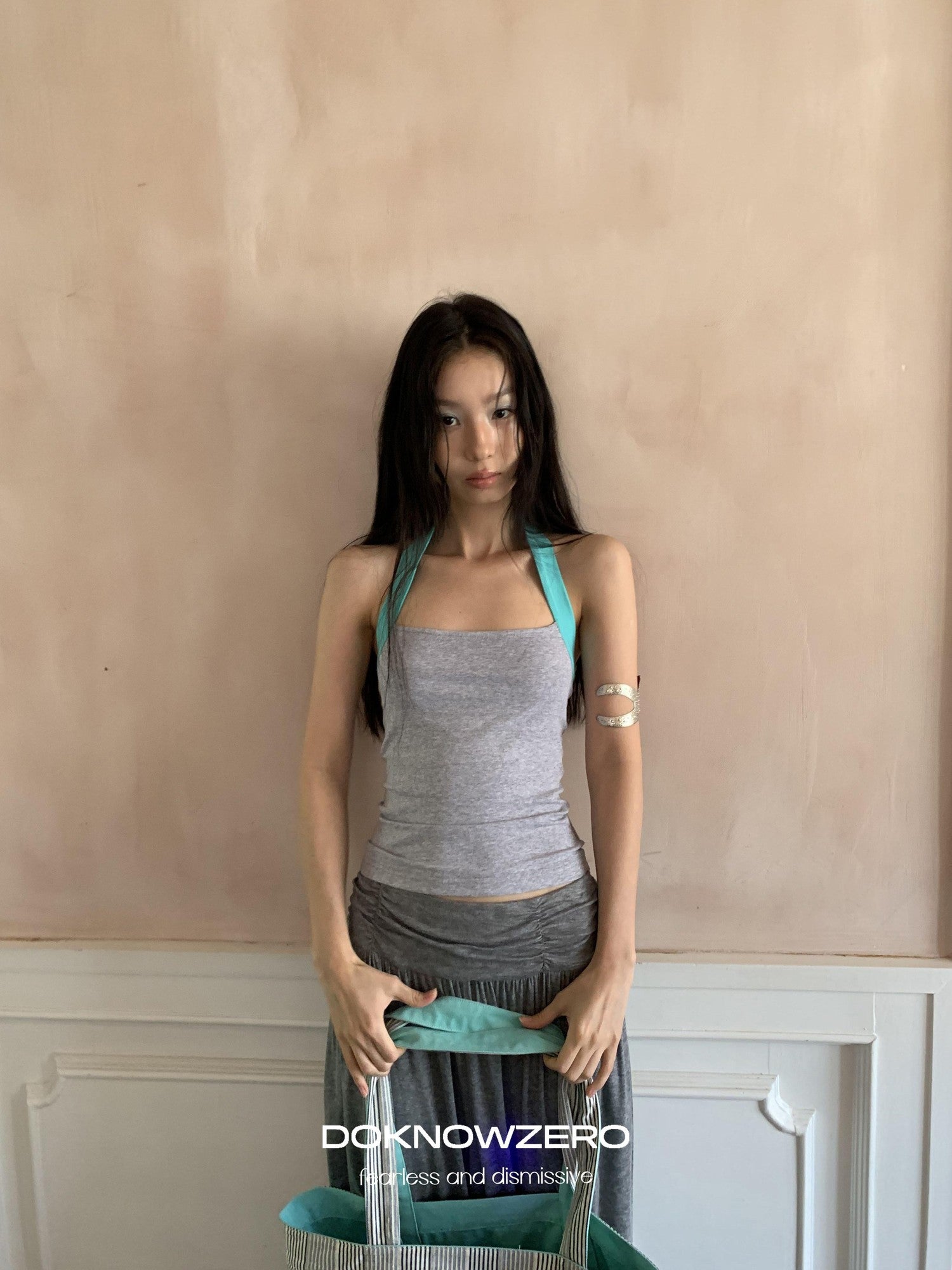 DKZ OFFICIAL Colorblock Halter Webbing Strap Square Neck Slim Women&