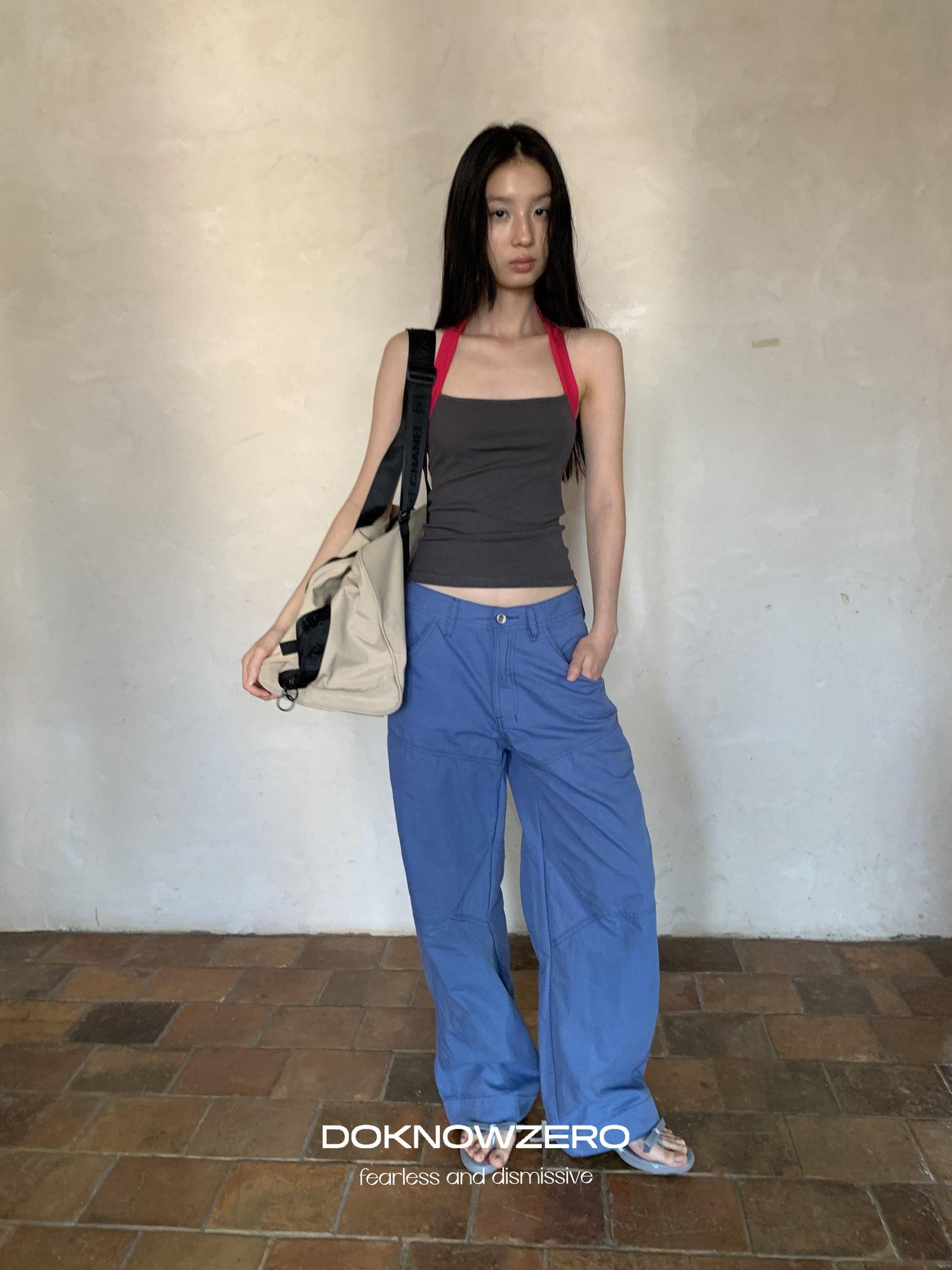 DKZ OFFICIAL Colorblock Halter Webbing Strap Square Neck Slim Women&
