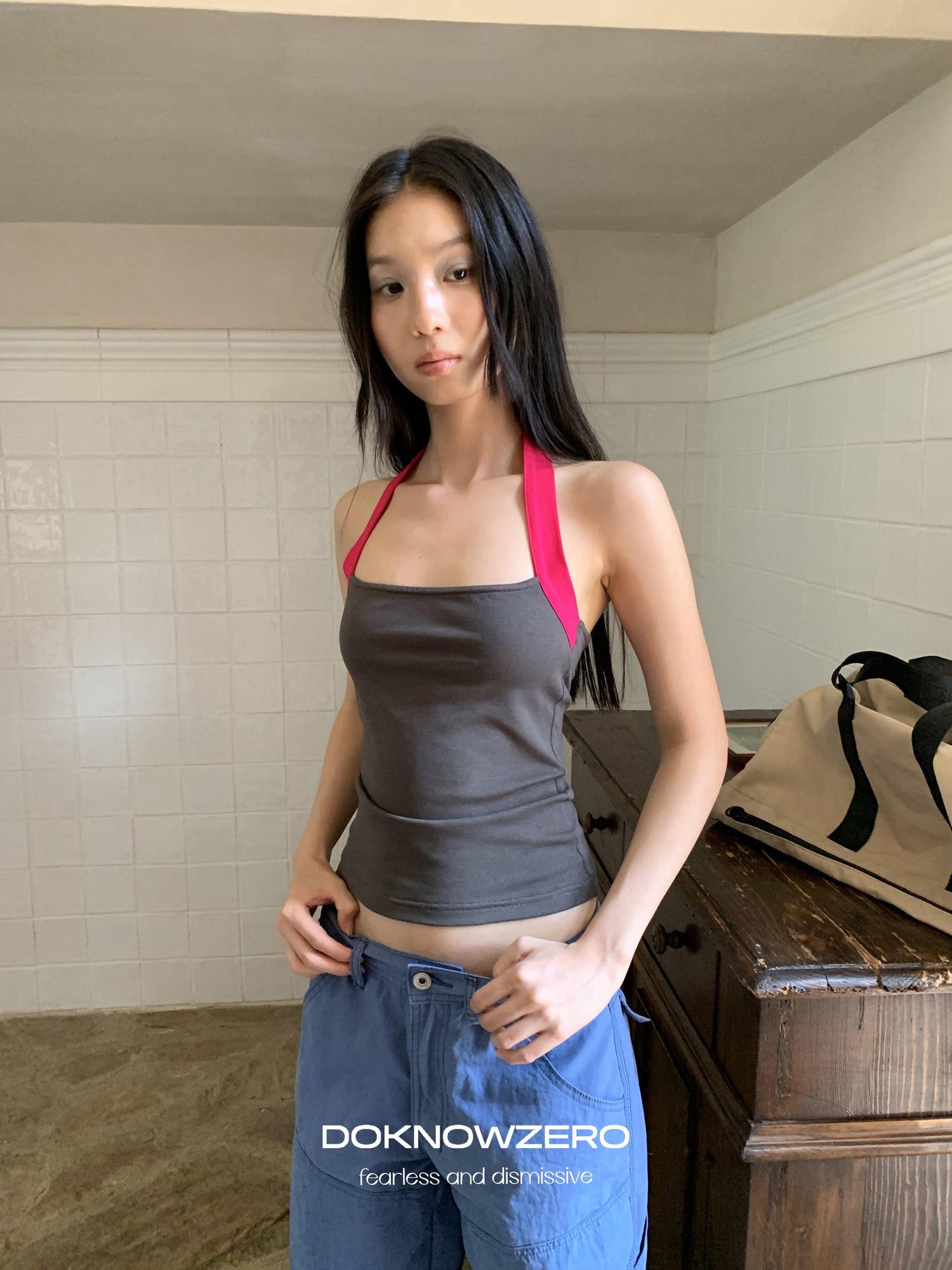DKZ OFFICIAL Colorblock Halter Webbing Strap Square Neck Slim Women&