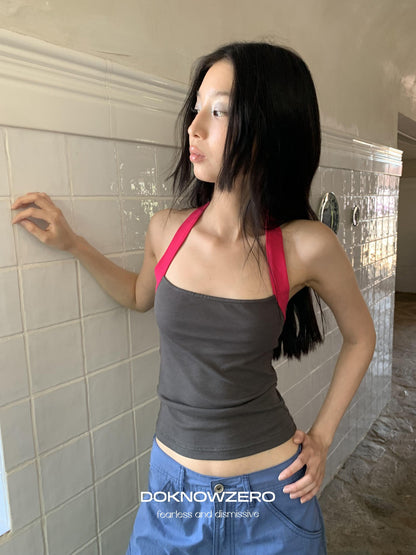 DKZ OFFICIAL Colorblock Halter Webbing Strap Square Neck Slim Women&