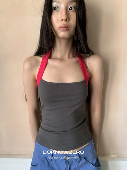DKZ OFFICIAL Colorblock Halter Webbing Strap Square Neck Slim Women&