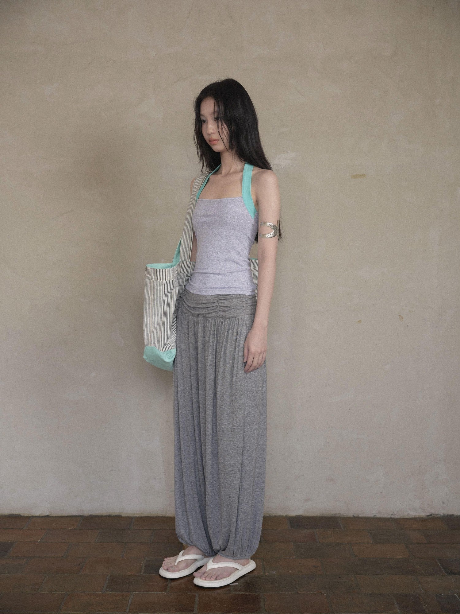 DKZ OFFICIAL Colorblock Halter Webbing Strap Square Neck Slim Women&