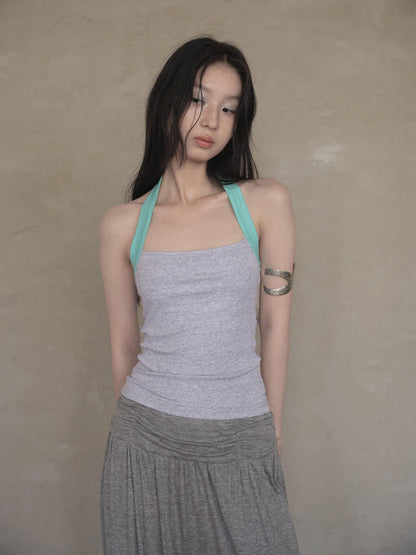 DKZ OFFICIAL Colorblock Halter Webbing Strap Square Neck Slim Women&