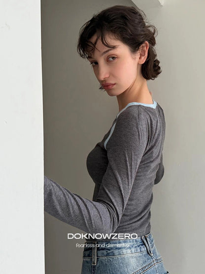 DKZ OFFICIAL Contrast Color Raglan Sleeve Long Sleeve Top With Rhinestone Print