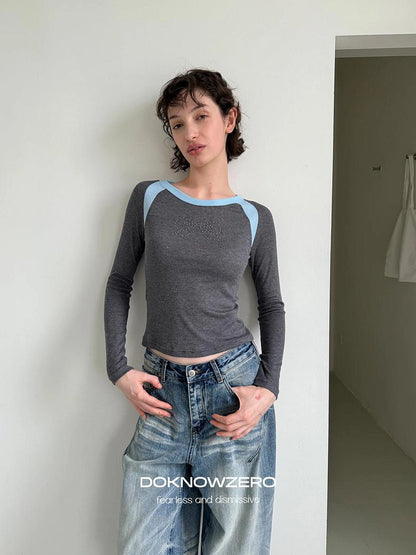 DKZ OFFICIAL Contrast Color Raglan Sleeve Long Sleeve Top With Rhinestone Print