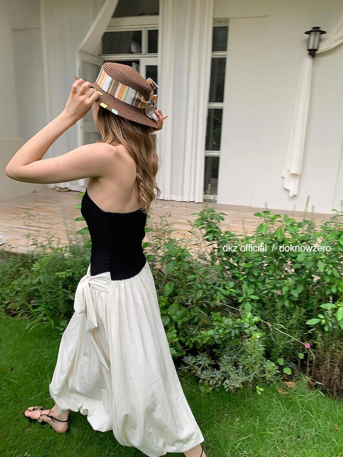 DKZ OFFICIAL Contrast Splicing Peplum Bustier Midi Dress