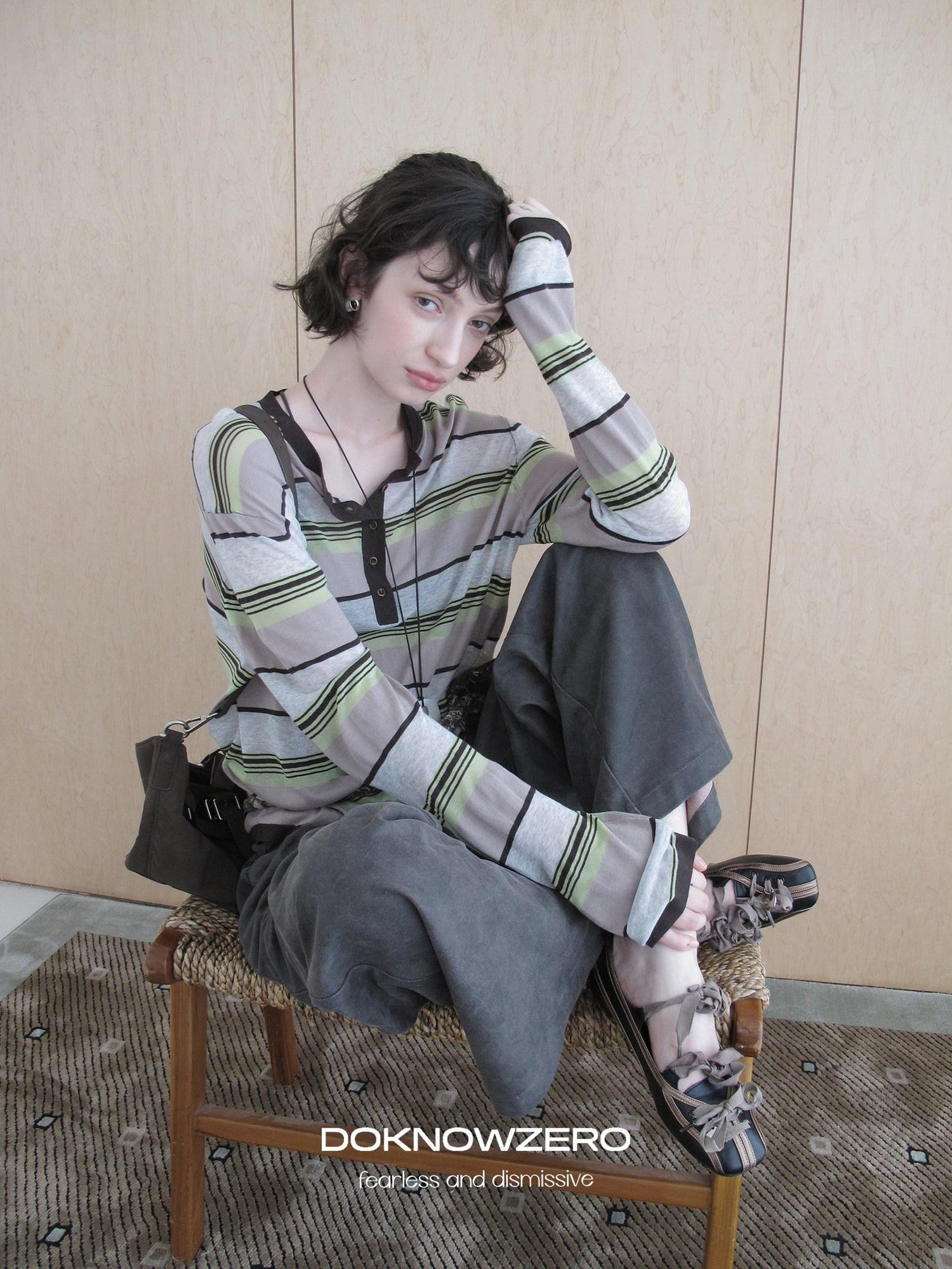 DKZ OFFICIAL Contrast Stripe Henley Vintage Women&