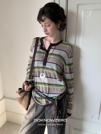 DKZ OFFICIAL Contrast Stripe Henley Vintage Women&