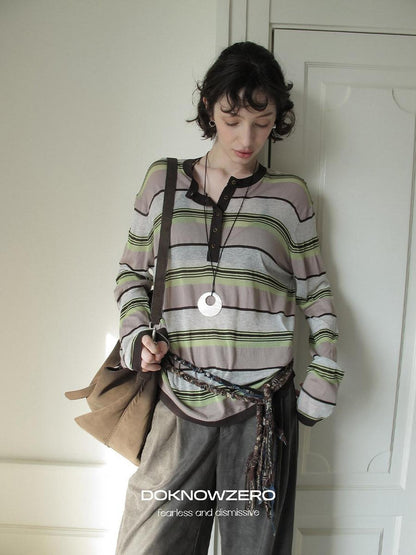 DKZ OFFICIAL Contrast Stripe Henley Vintage Women&
