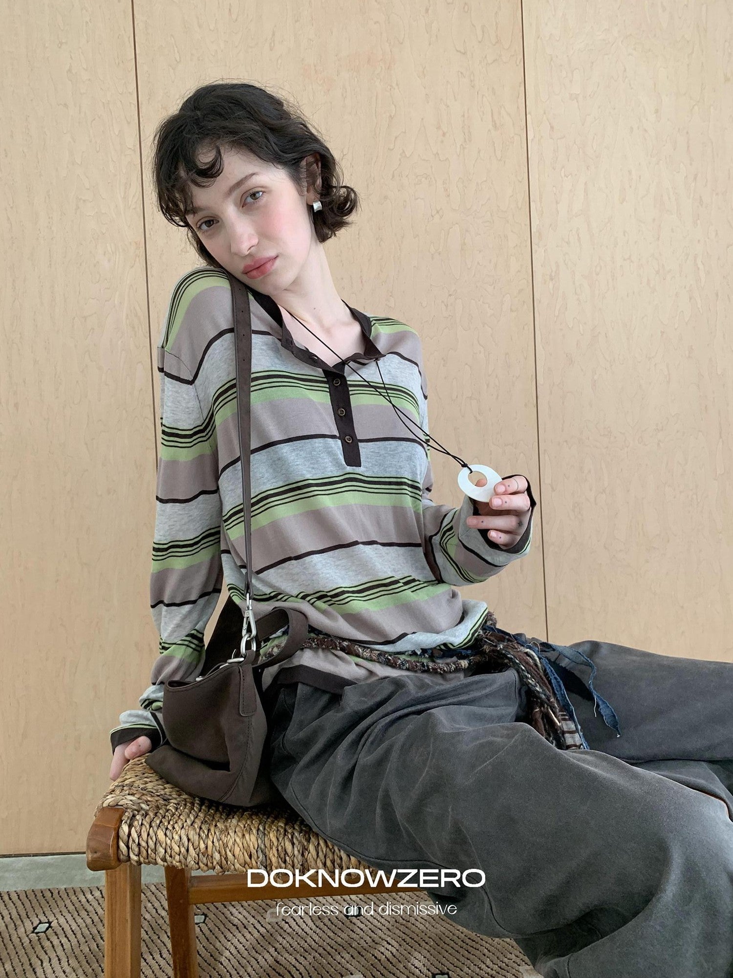 DKZ OFFICIAL Contrast Stripe Henley Vintage Women&