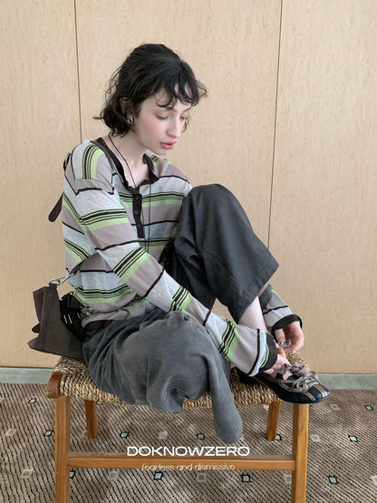 DKZ OFFICIAL Contrast Stripe Henley Vintage Women&