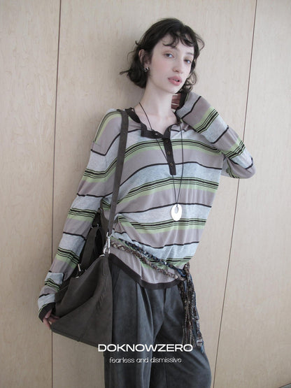 DKZ OFFICIAL Contrast Stripe Henley Vintage Women&