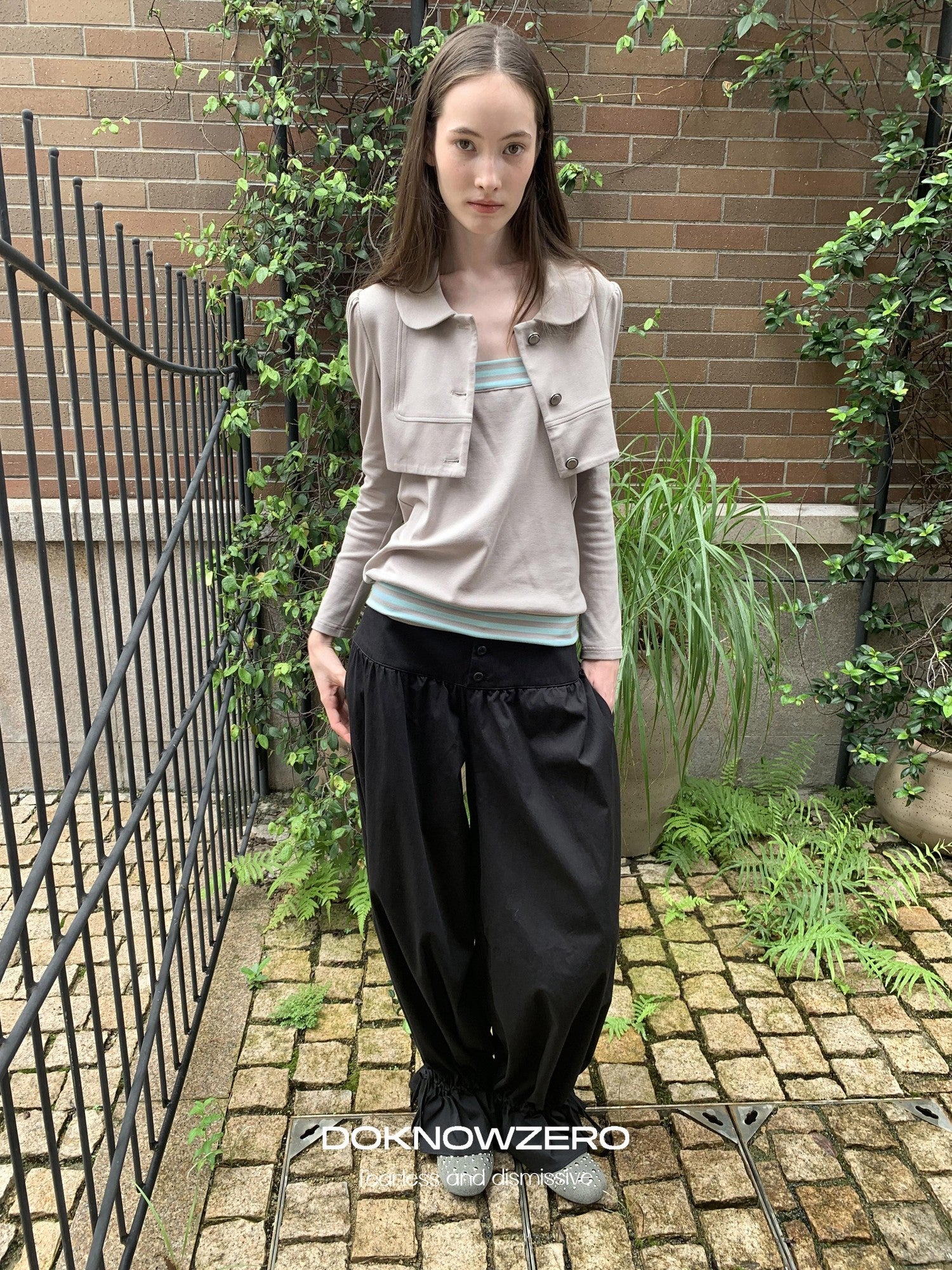 DKZ OFFICIAL Cropped Doll Collar Striped Two Piece Women&
