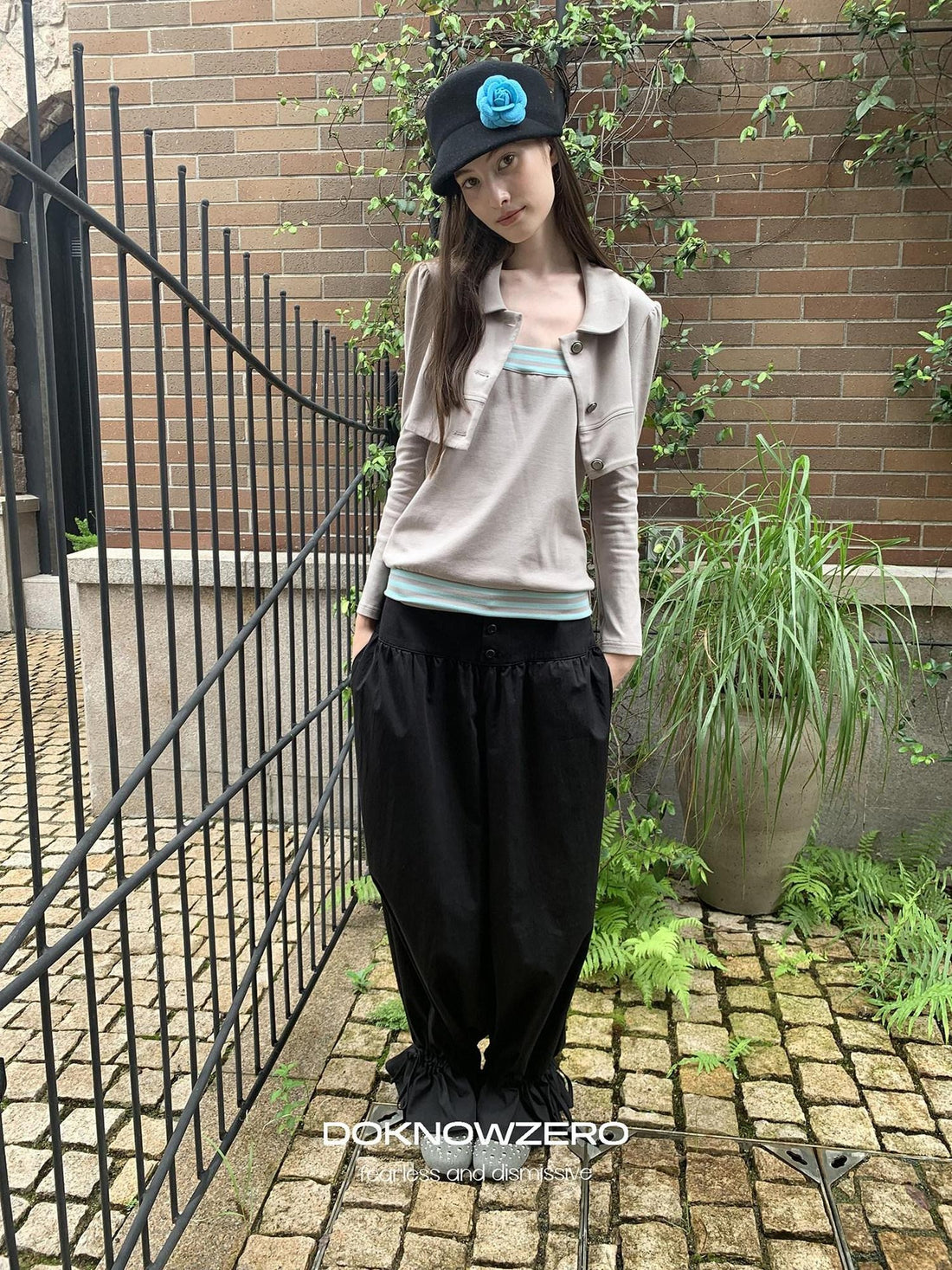 DKZ OFFICIAL Cropped Doll Collar Striped Two Piece Women&