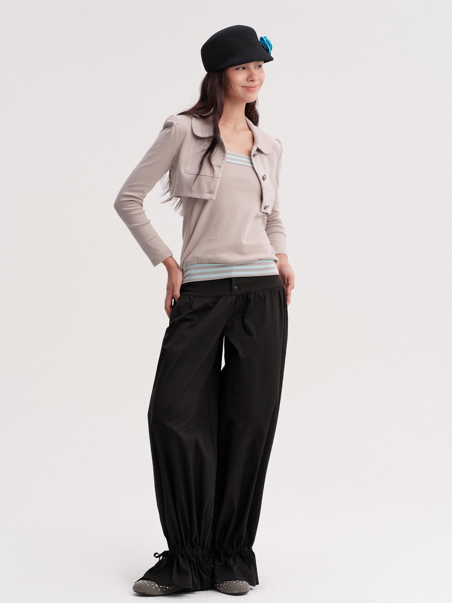 DKZ OFFICIAL Cropped Doll Collar Striped Two Piece Women&