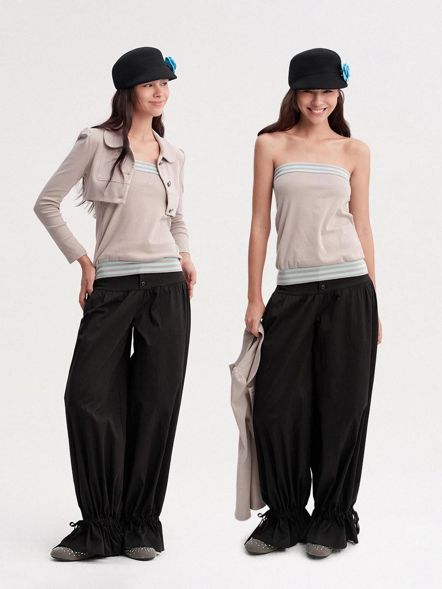 DKZ OFFICIAL Cropped Doll Collar Striped Two Piece Women&