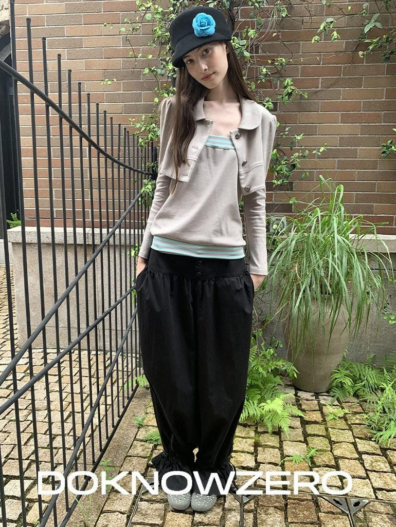 DKZ OFFICIAL Cropped Doll Collar Striped Two Piece Women&