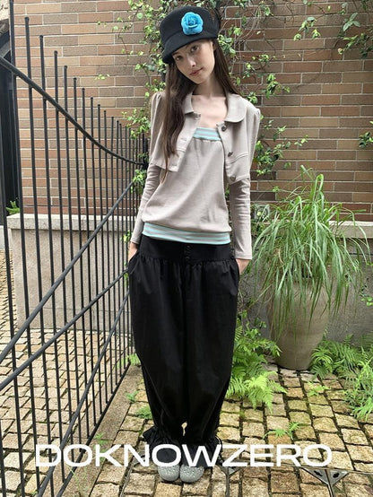 DKZ OFFICIAL Cropped Doll Collar Striped Two Piece Women&