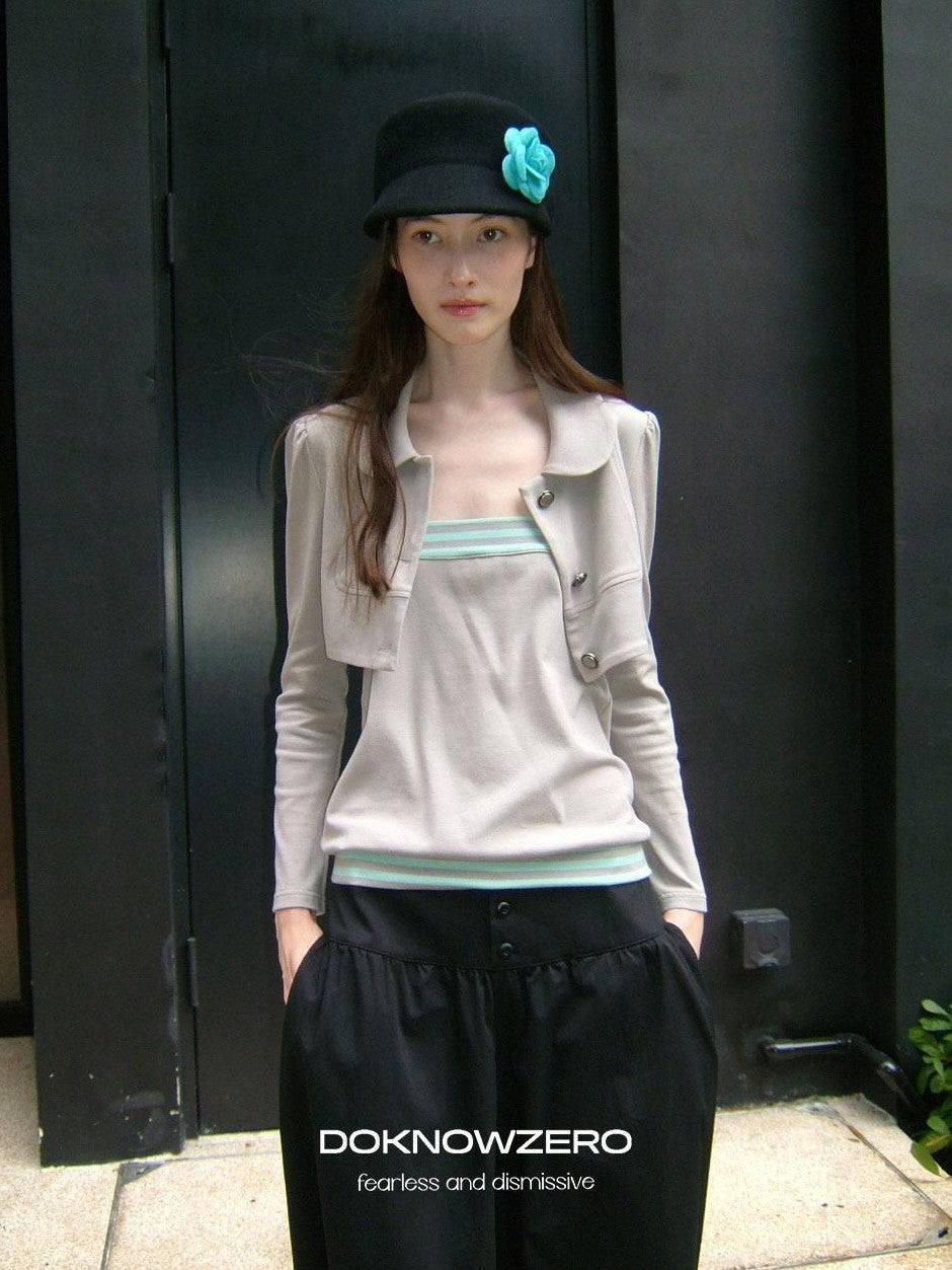 DKZ OFFICIAL Cropped Doll Collar Striped Two Piece Women&