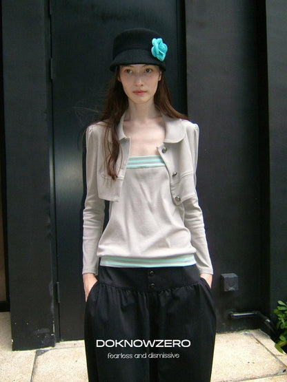 DKZ OFFICIAL Cropped Doll Collar Striped Two Piece Women&