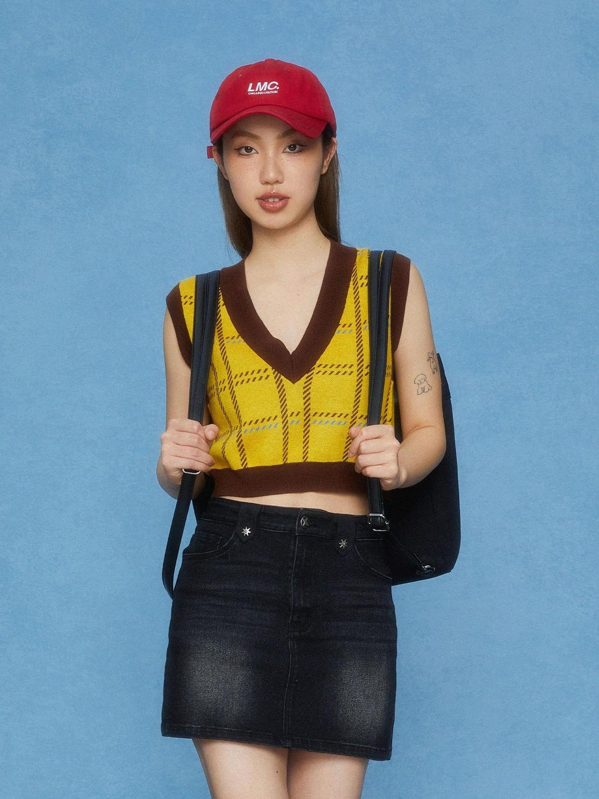 DKZ OFFICIAL Cropped Plaid V-neck Sleeveless Pullover Women&