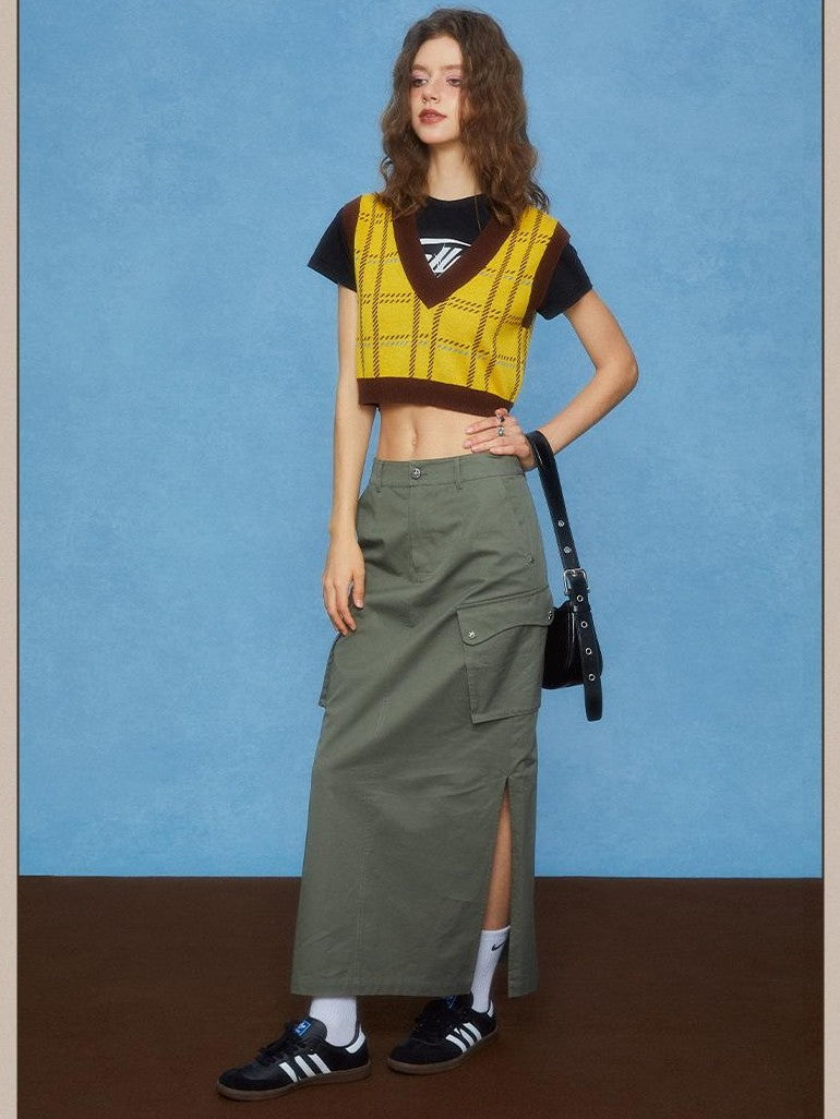 DKZ OFFICIAL Cropped Plaid V-neck Sleeveless Pullover Women&