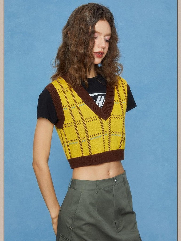 DKZ OFFICIAL Cropped Plaid V-neck Sleeveless Pullover Women&