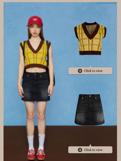 DKZ OFFICIAL Cropped Plaid V-neck Sleeveless Pullover Women&