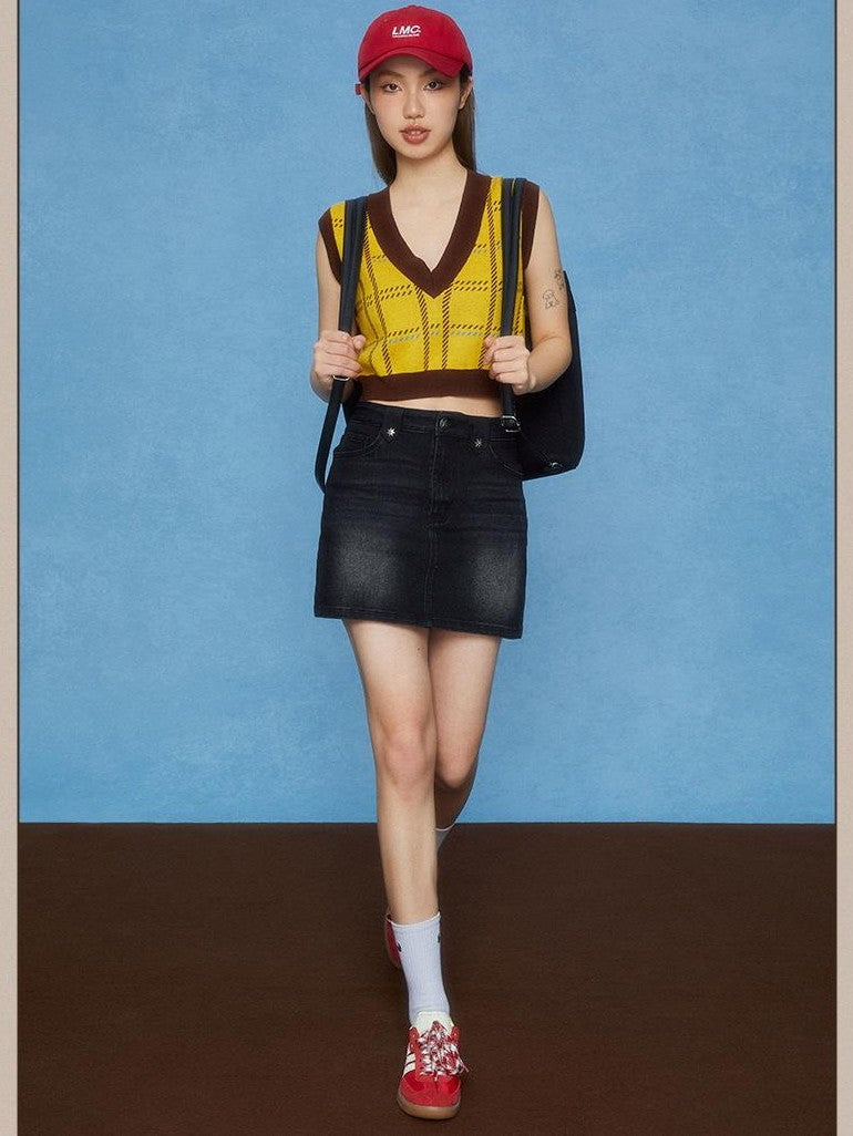 DKZ OFFICIAL Cropped Plaid V-neck Sleeveless Pullover Women&