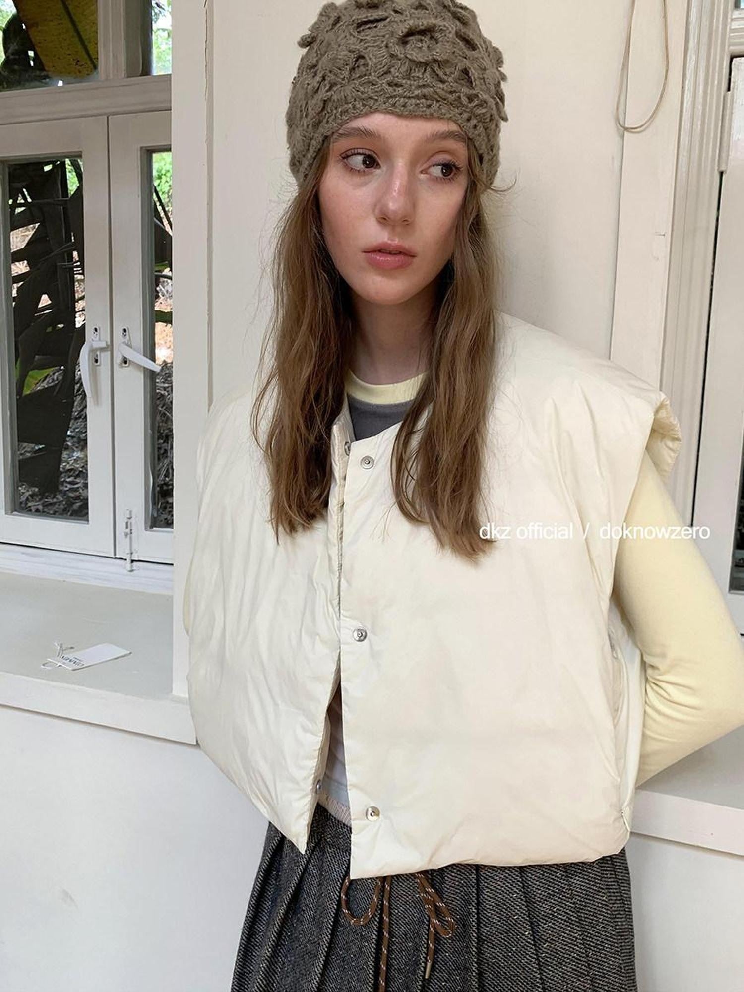 DKZ OFFICIAL Cropped Round Neck White Duck Down Padded Straight Cut Women&