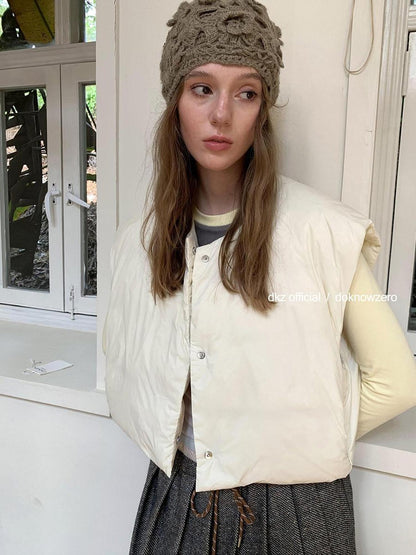DKZ OFFICIAL Cropped Round Neck White Duck Down Padded Straight Cut Women&